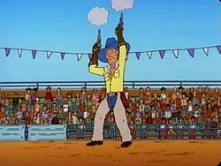 Dale Gribble’s father, Bug Gribble, shooting a pair of guns into the air while performing at a gay rodeo. 