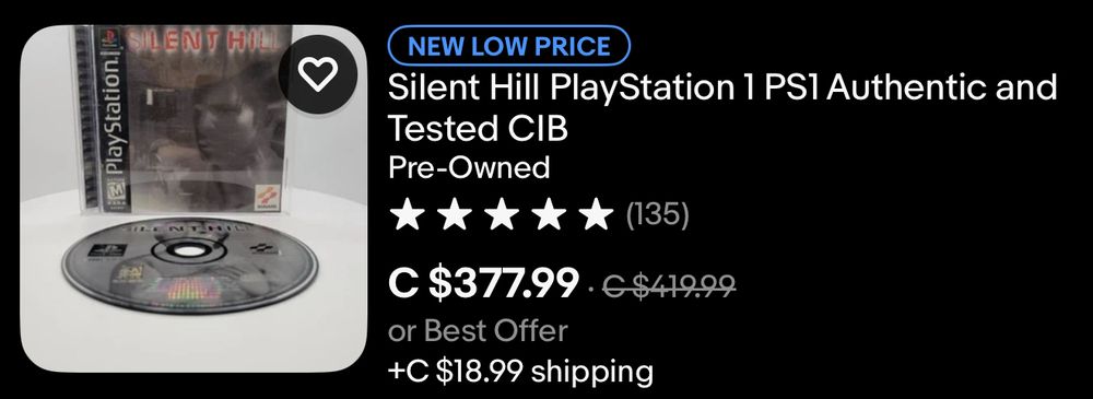 eBay listing for Silent Hill tagged with “new low price” listed as $377.99 Canadian, marked down from $419.99. 
