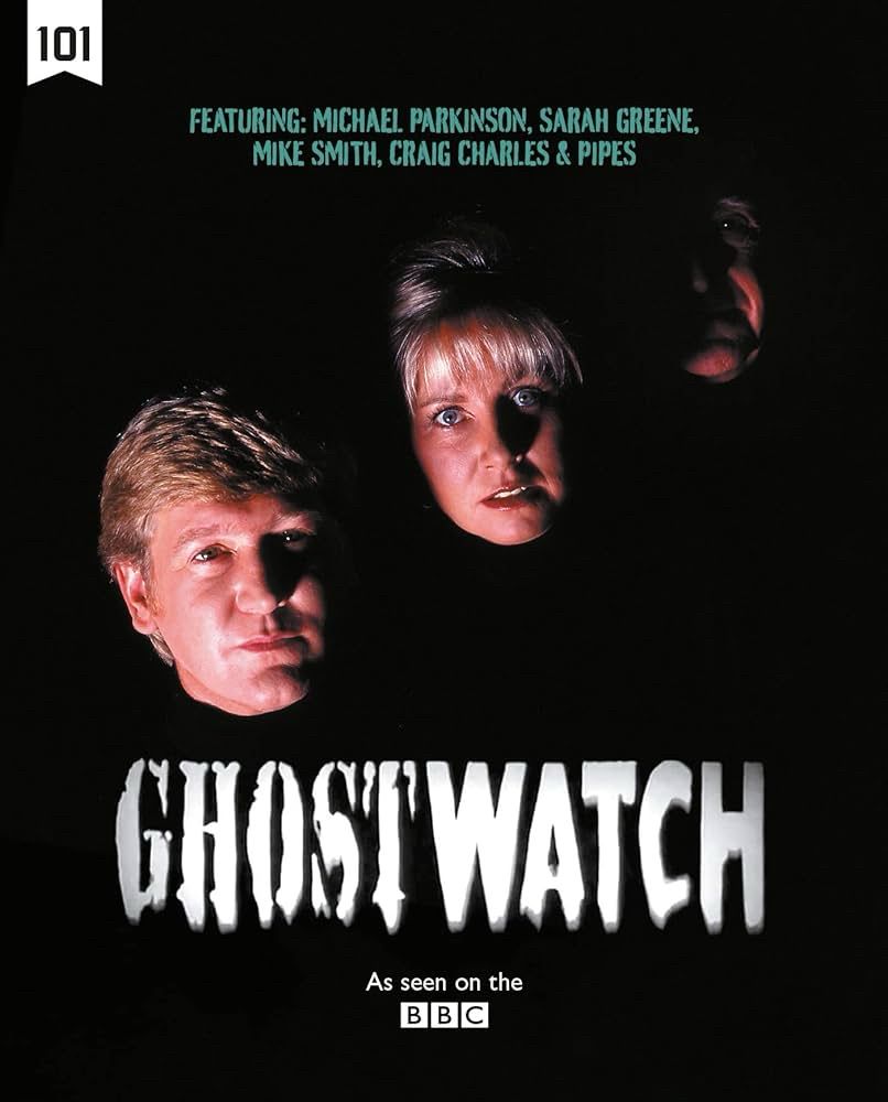 Poster for BBC’s Ghostwatch. The disembodied heads of Michael Parkinson, Sarah Greene and Mike Smith are above the title on a black background. 