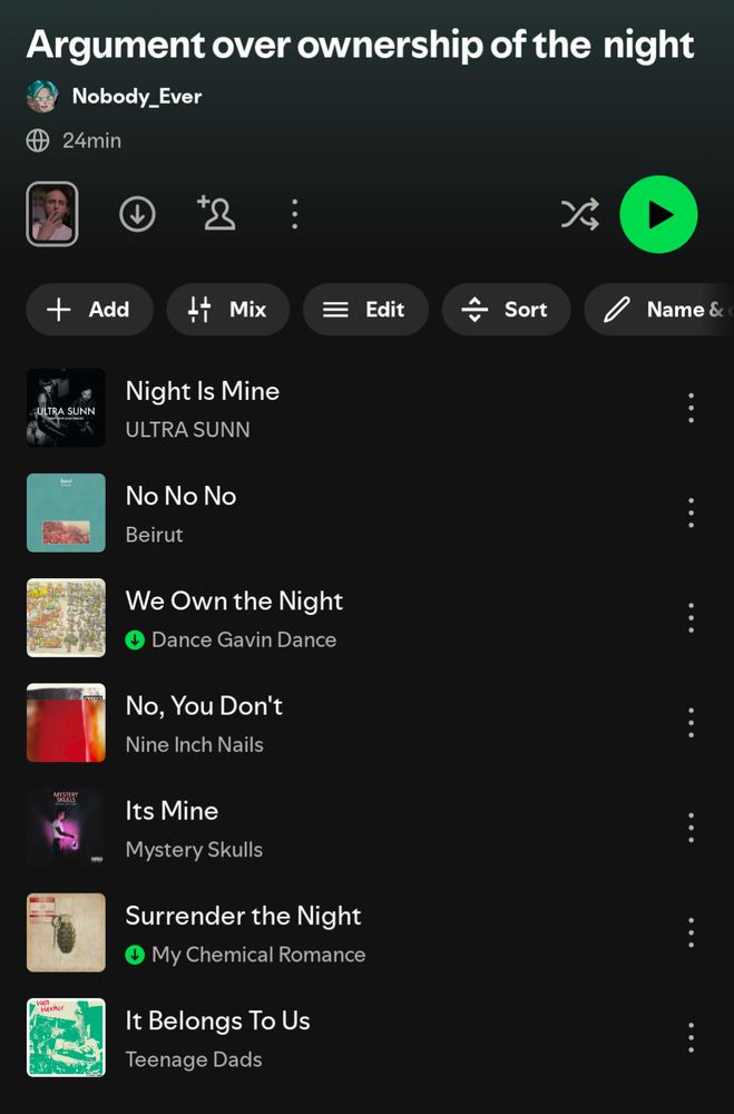A screenshot of a Spotify playlist titled "Argument over ownership of the night". 

The songs, in order are:
Night Is Mine (ULTRA SUNN)
No No No (Beirut)
We Own the Night (Dance Gavin Dance)
No, You Don't (Nine Inch Nails)
It's Mine (Mystery Skulls)
Surrender the Night (My Chemical Romance)
It Belongs To Us (Teenage Dads)