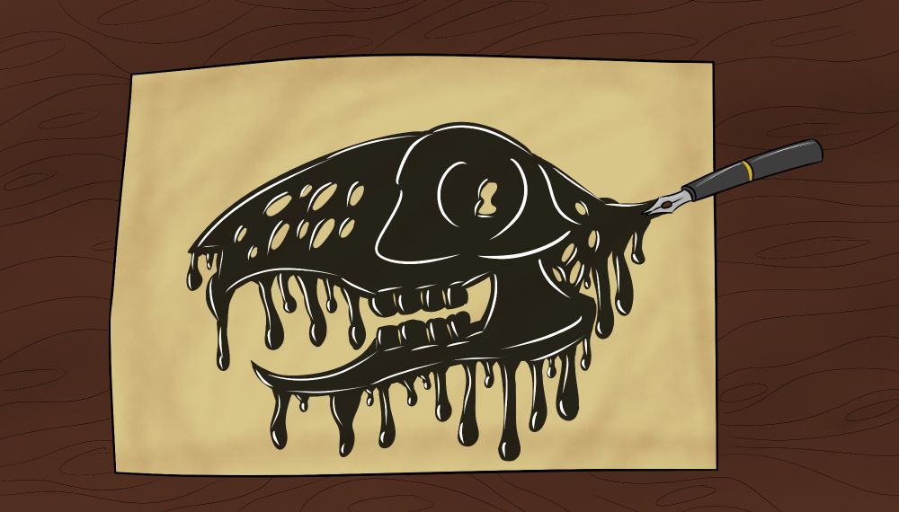 A drawing of a hare skull made of ink dripping down a page