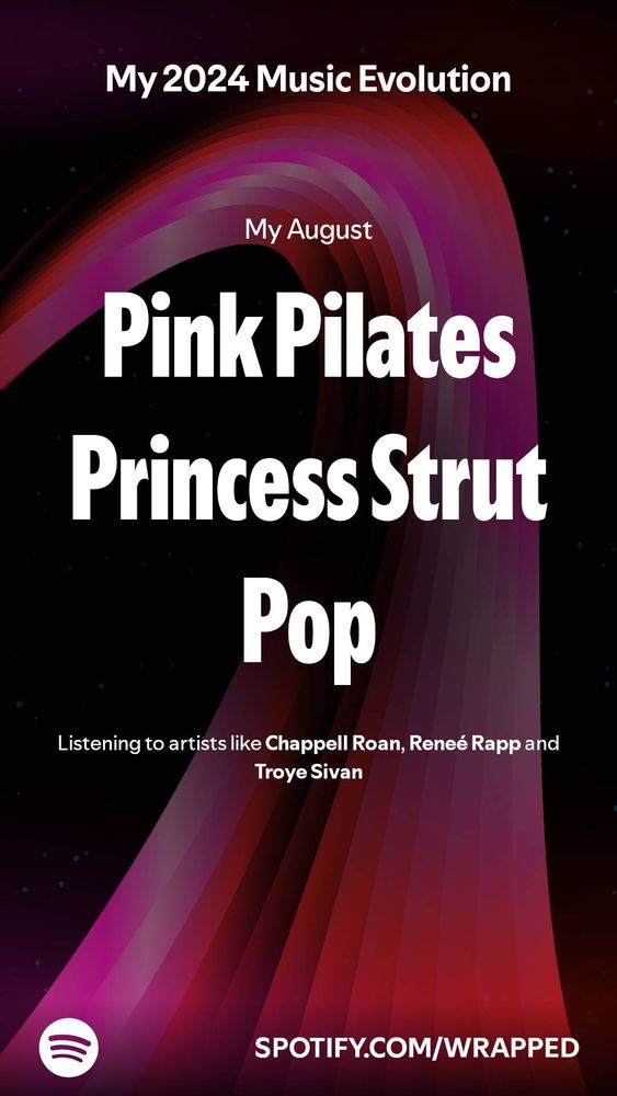 Screenshot from the Spotify Wrapped. It describes my August vibe as "Pink Pilates Princess Strut Pop" for listening to artists like Chappell Roan, Reneé Rapp, and Troye Sivan