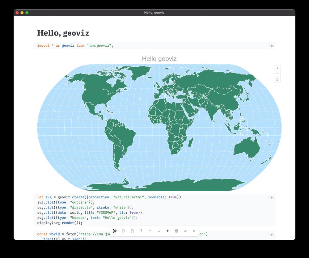 A screenshot of Observable Desktop showing a JavaScript cell importing the geoviz library, followed by a JavaScript cell rendering a world map.