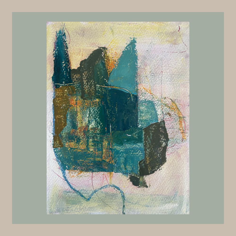 This was an accident that we thought was cool. Blue green variations in oil paint over yellow and blue oil stick, over a neutral acrylic ground. 