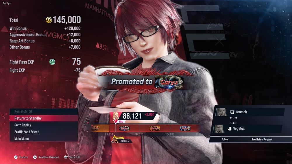 Results screen from a TEKKEN 8 match showing the poster being promoted to Garyu rank