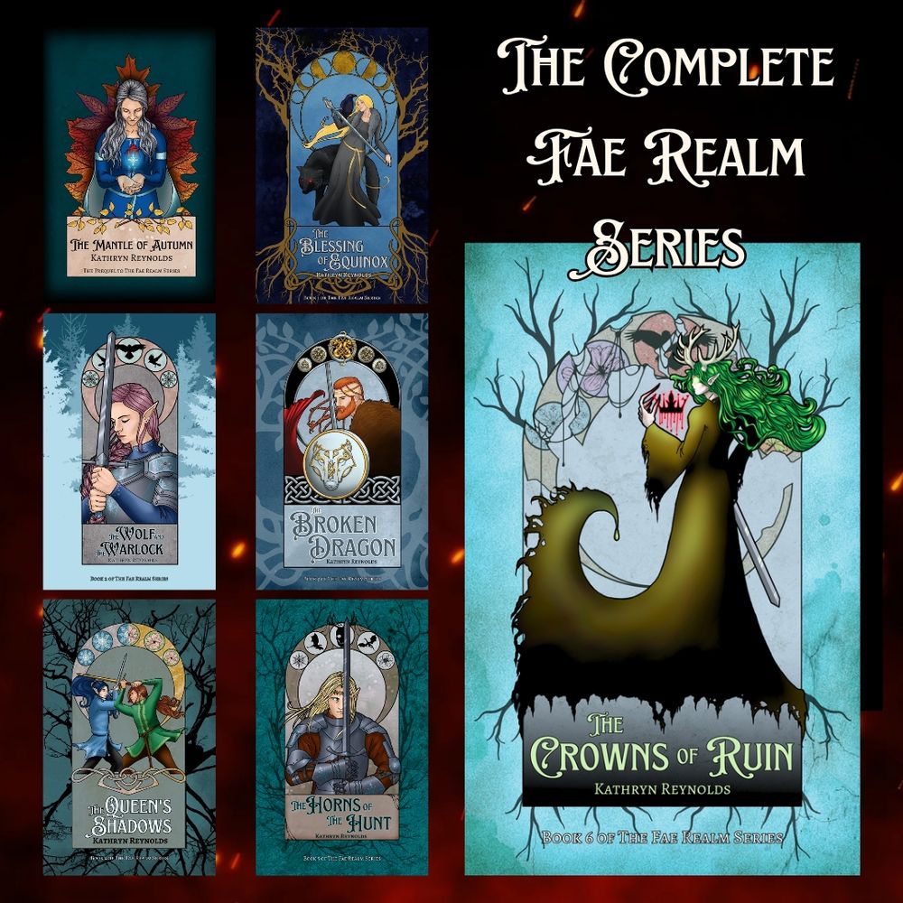 Over a dark fiery background, six illustrated fantasy book covers and the text the computer Fae Realm Series 