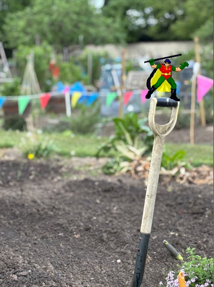 Robin stands on the handle of a shovel. But it is Robin from Batman not a robin like the bird
