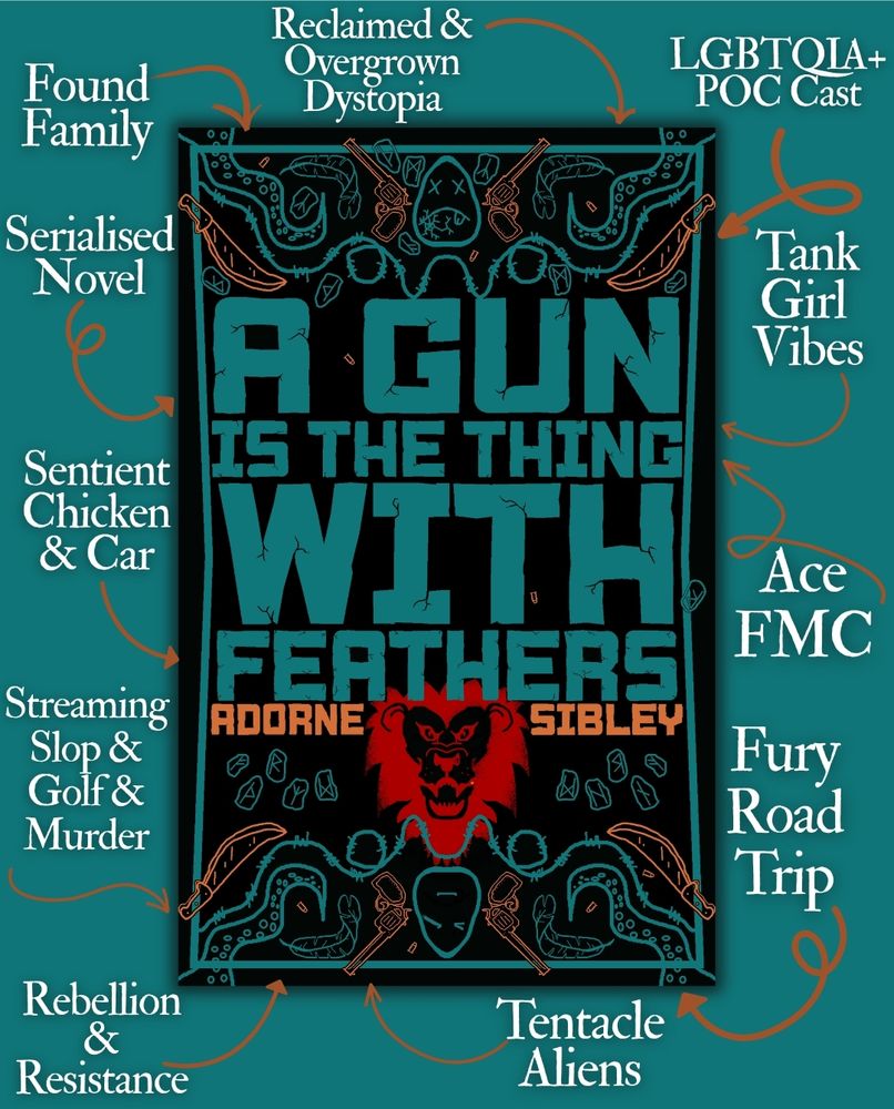 The full colour cover of A Gun is the Thing With Feathers by Adorne Sibley. The cover is teal, burnt orange, black and red with many symbols which hold significance across it including two eggs with faces drawn on them, revolvers, feathers, runes, tentacles, machetes, and barbed wire. Just below the title is also the head of a lion. The title itself appears to be cracked and worn like concrete.
Around the outside of the book cover it says reclaimed and overgrown dystopia, lgbtqia+ poc cast, tank Girl vibes, ace fmc, Fury road trip, tentacle aliens, rebellion and resistance, streaming slop and golf and murder, sentient chicken and car, serialised novel,  found family, all with arrows pointing towards the book cover. This is a common graphic depicting the things you could expect to find in this novel. And FYI, this novel will eventually be released as an audiobook, free, via YouTube