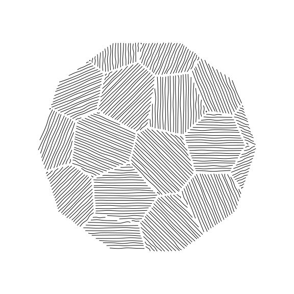 A smoothed Voronoi tessellation inside of a rough circle, where each polygon in the tessellation is filled with imperfect (sketchy) black hatch lines at different angles.