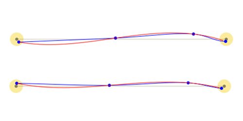 Two horizontal lines drawn roughly by offsetting endpoints, the midpoint and three-quarters point and then fitting different curves to get a not-quite-straight line that looks hand drawn.