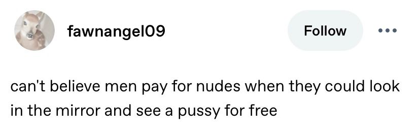screenshot from Tumblr from user fawnangel09: “can’t believe men pay for nudes when they could look in the mirror and see a pussy for free”. 