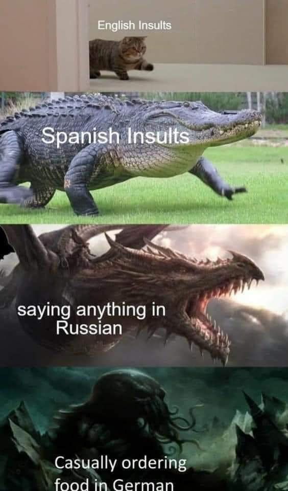A language meme with a English insults as a cat; Spanish insults as a crocodile; saying anything in Russian as a mean dragon, and Casually ordering food in German as Cthulhu.