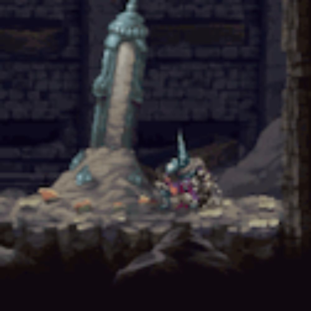 a video game scene with a statue in the background and a skeleton in the foreground