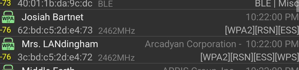 Screenshot from the wigle wardriving app showing two wifi network SSIDs: "Josiah Bartnet" and "Mrs. LANdingham"