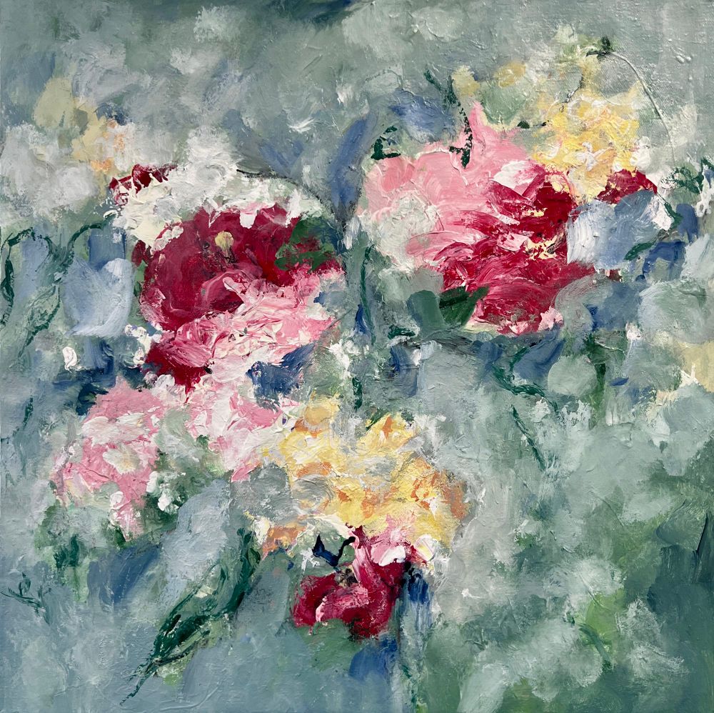 Abstract floral painting with dappled green and blue background and red, white, pink and yellow flowers. 