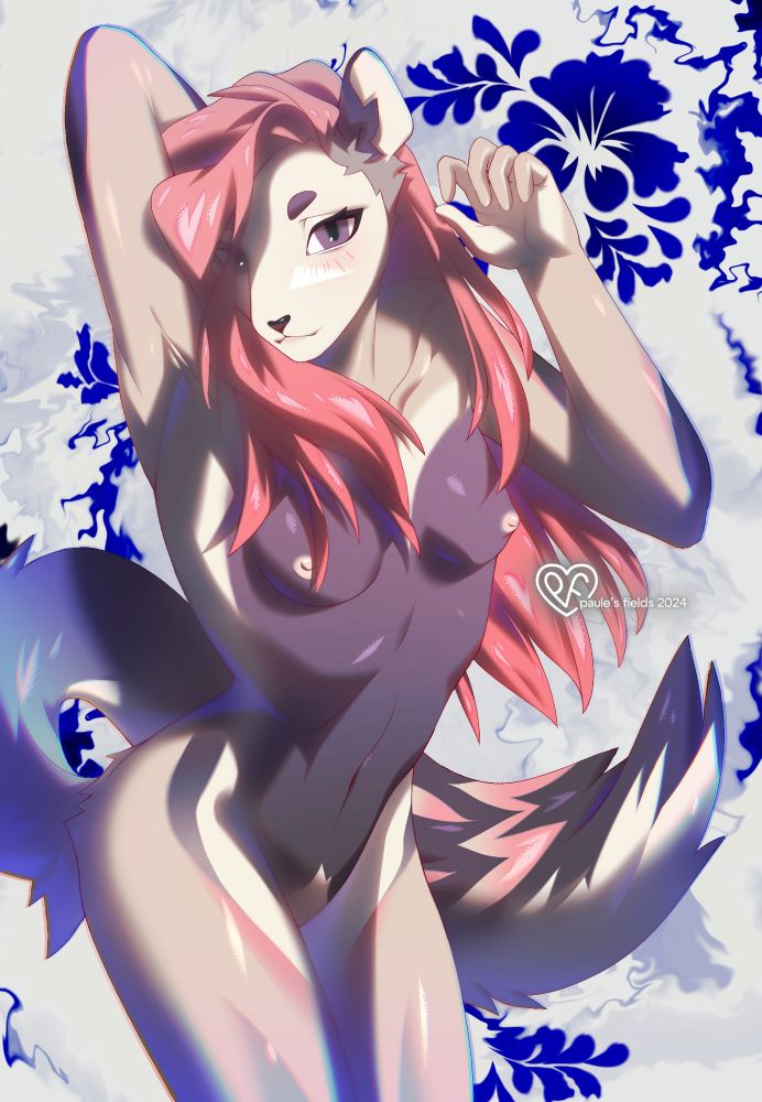 Fullbody, fully rendered drawing of a ferret girl character with pink hair. Simple nude pose, abstract background 