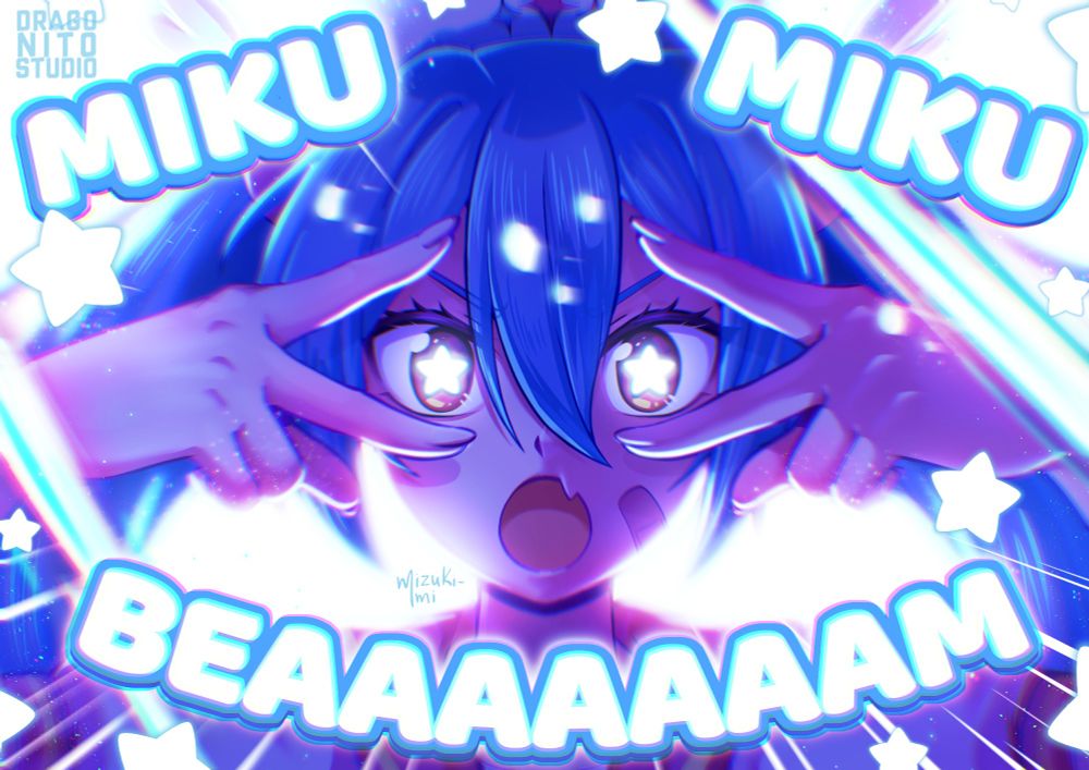 Illustration of Hatsune Miku doing the "Miku Miku Beam" pose from the song "M@GICAL☆CURE! LOVE ♥ SHOT! ", she's with both hands doing a "v" sign in front of her eyes.