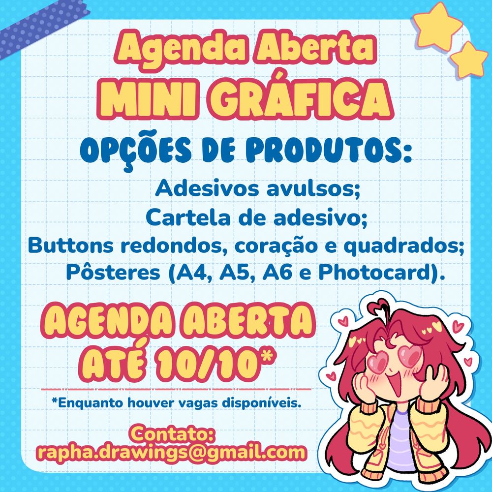 Agenda aberta Mini gráfica!

Opções de produtos: adesivos avulsos; cartela de adesivos; buttons redondos, coração e quadrado; pôsteres A4, A5, A6 e photocard.

Agenda aberta até 10/10 enquanto houver vagas disponíveis.

Contato: rapha.drawings@gmail.com