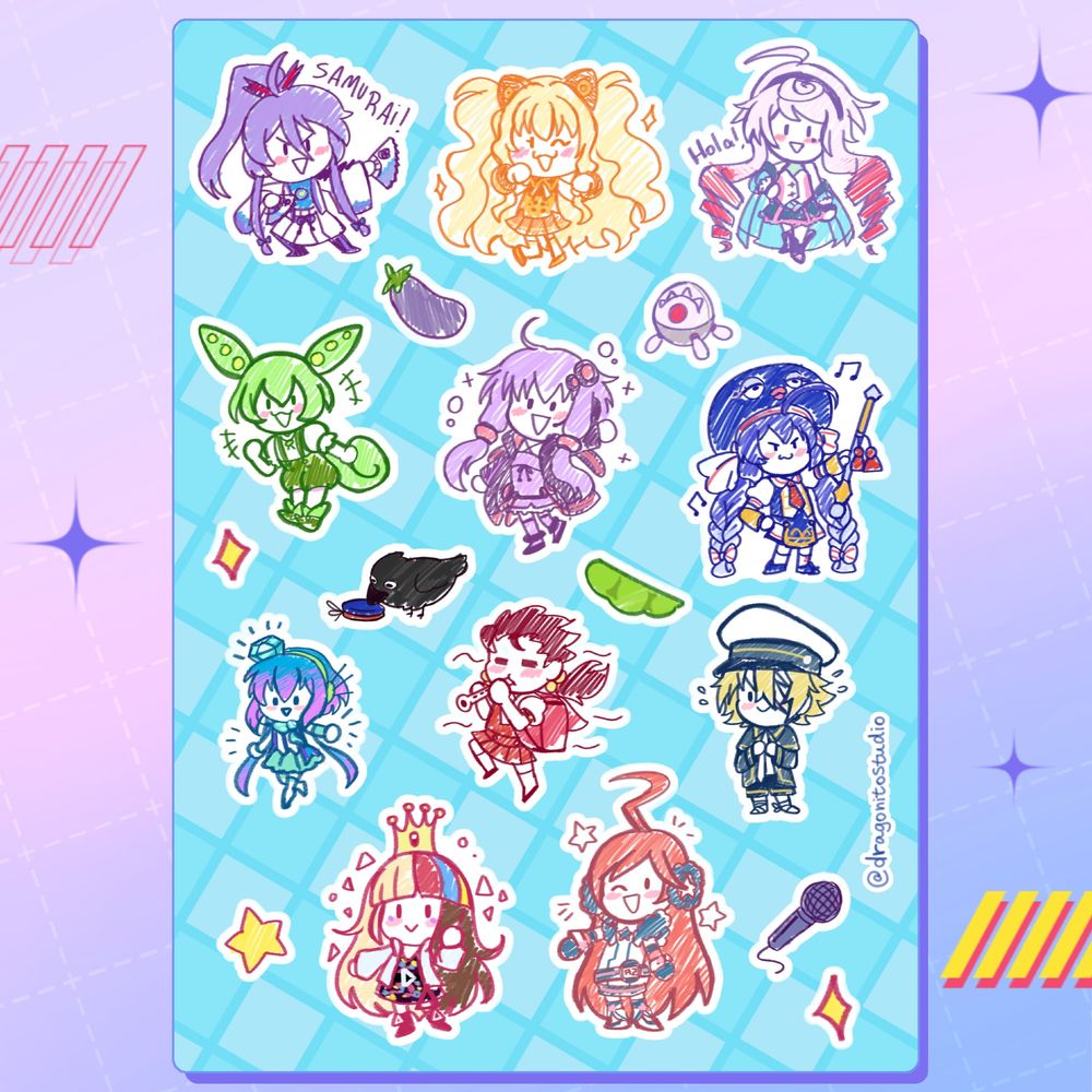 Imagem de uma cartela de adesivos com vocaloids desenhados como pequenos esboços. Nela estão Gakupo, SeeU, Maika, Zundamon, Yuzuki Yukari, Otomachi Una, Aoki Lapis, Kaai Yuki, Oliver, Galaco, SF-A2 Miki.