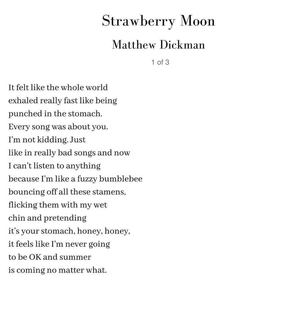 Strawberry Moon
Matthew Dickman

It felt like the whole world 
exhaled really fast like 
being punched in the stomach.
Every song was about you.
I'm not kidding. Just
like in really bad songs and now 
I can't listen to anything 
because I'm like a fuzzy bumblebee 
bouncing off all these stamens, 
flicking them with my wet 
chin and pretending
it's your stomach, honey, honey, 
it feels like I'm never going to be OK and summer 
is coming no matter what.