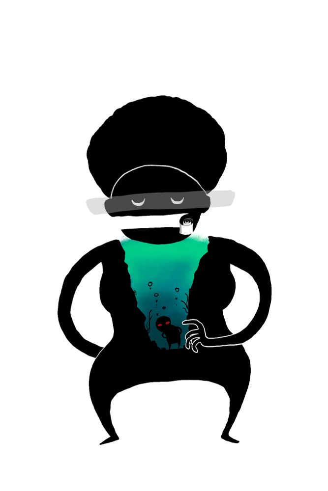 Illustration by David Hallangen. A female silhouette reveals an undersea chasm inside her, with a sinister red-eyed character dwelling on the bottom. Her eyes are veiled, and her mouth area has curled away like torn paper.