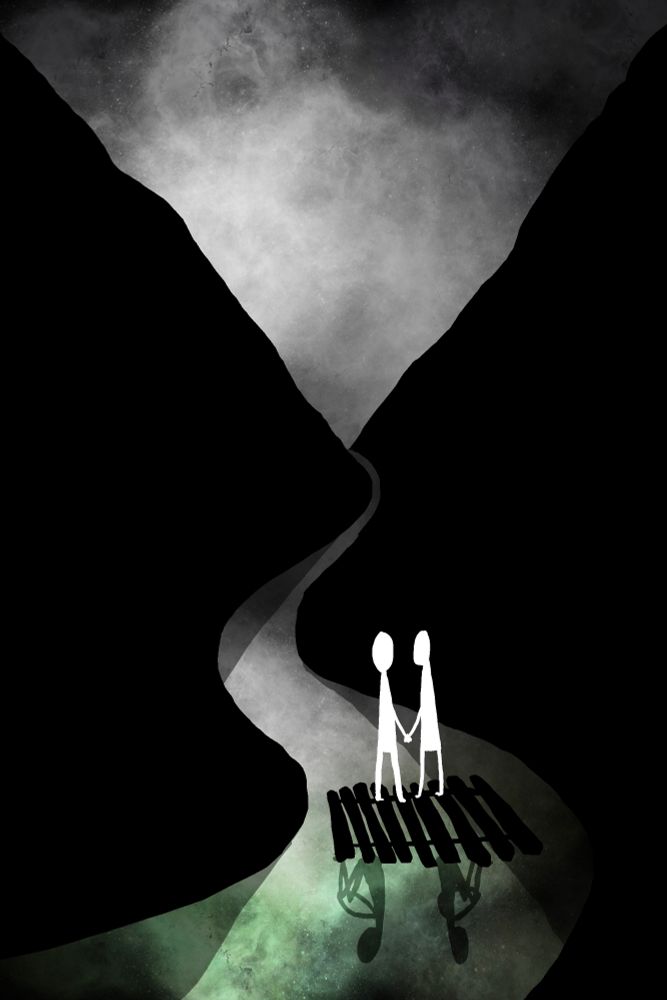 Illustration by David Hallangen. Two figures on a raft travel through a river valley, holding hands. Though their reflections sit facing away from each other.