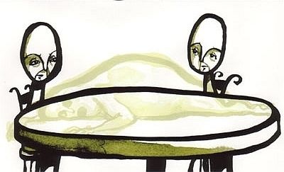 Illustration by David Hallangen. Two characters sit at a table - upon which lies a bloated, perished ghost.