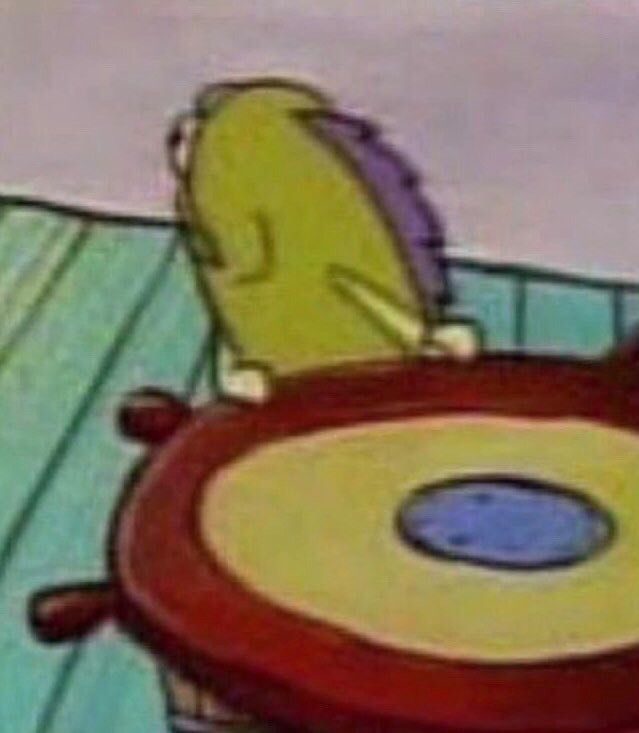 Cartoon fish at a table, green with purple head fins, looking back