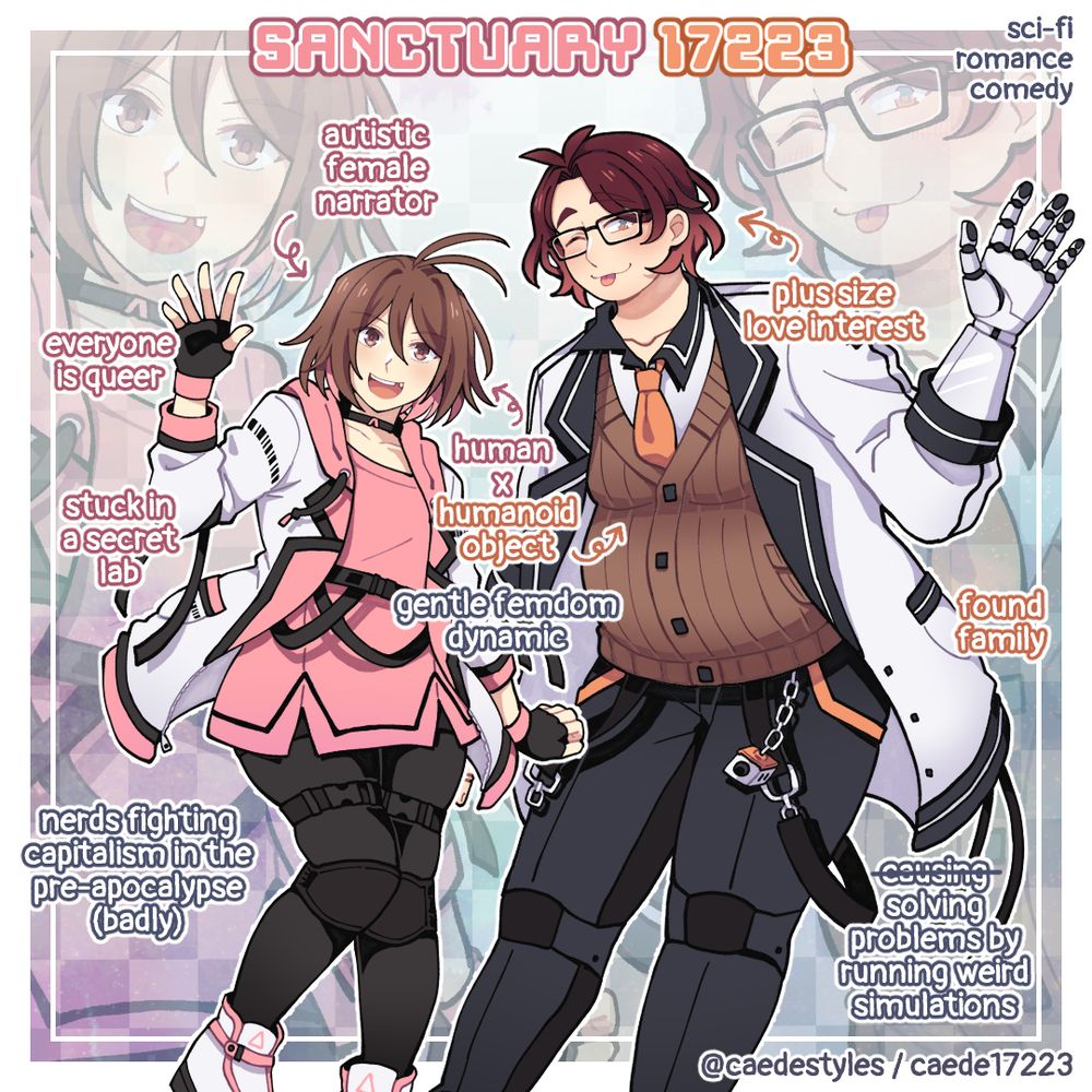 Introduction of caede styles' series "Sanctuary 17223", showing the lead duo Lulu and Alvin. Text on the image describes the story as follows: sci-fi, romance, comedy. Autistic female narrator. Plus size love interest. Human x humanoid object. Gentle femdom dynamic. Everyone is queer. Found family. Stuck in a secret lab. Nerds fighting capitalism in the pre-apocalypse (badly). Causing--solving problems by running weird simulations.