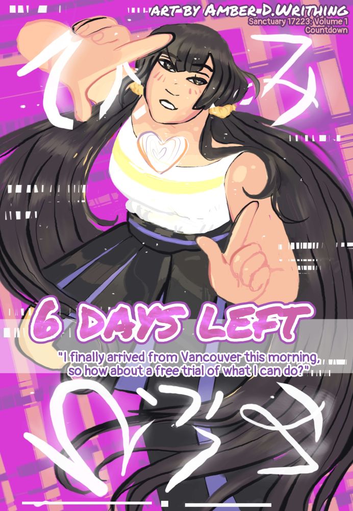 Sanctuary 17223 - Volume 1 countdown artwork of Hifumi striking a pose, inspired by fashion magazines, drawn by Amber D. Writhing. The quote from the book reads: "I finally arrived from Vancouver this morning, so how about a free trial of what I can do?"