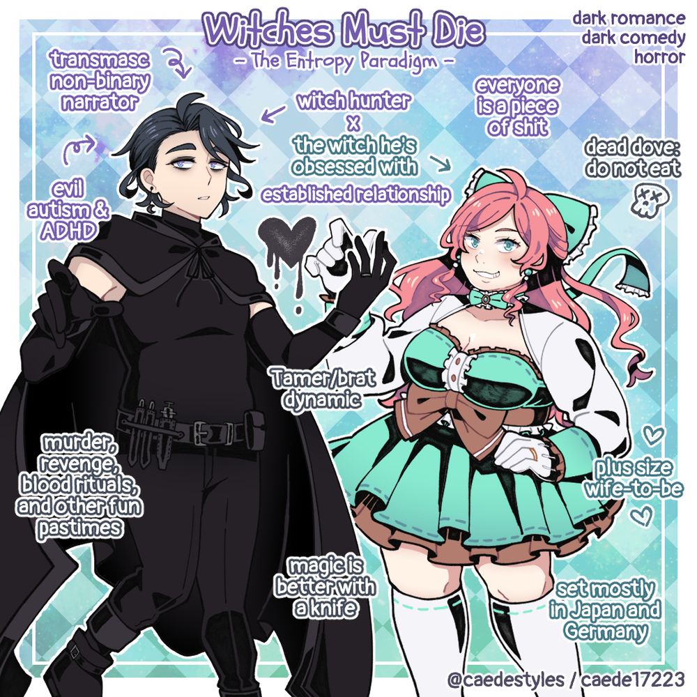 Introduction of caede styles' series "Witches Must Die: The Entropy Paradigm", showing the lead duo Eric and Bianka. Text on the image describes the story as follows: dark romance, dark comedy, horror. Transmasc non-binary narrator. Evil autism & ADHD. Witch hunter x the witch he's obsessed with. Established relationship. Tamer/brat dynamic. Plus size wife-to-be. Everyone is a piece of shit (lol). Dead dove: do not eat. Murder, revenge, blood rituals, and other fun pastimes. Magic is better with a knife. Set mostly in Japan and Germany.