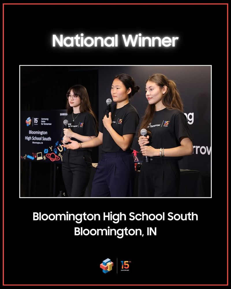 Test reads: National Winner, Bloomington High School South, Bloomington IN. Photo shows three high school girls talking on a stage.