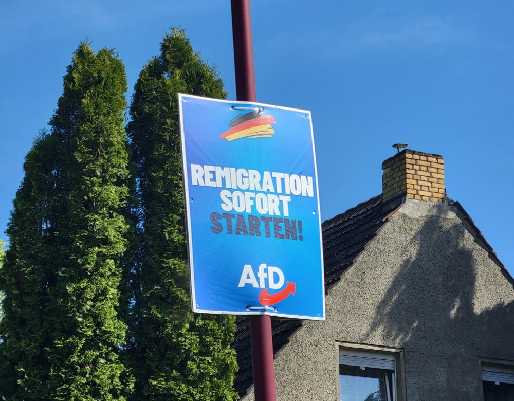 AfD Wahlkampfplakat mit Beschriftung: "Remigration sofort starten AfD"

Eigenes Bild, verfügbar unter CC0.