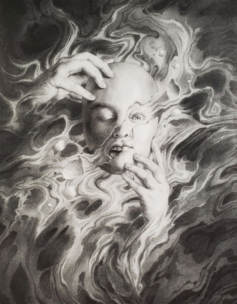 Mask of Serenity, 2020. Graphite illustration of a screaming face, with hands holding a broken mask that struggles to cover it. The mask is the same face, but with a calm expression and closed eye. The face and hands merge into a chaotically swirling background, but the mask is distinct from it. 