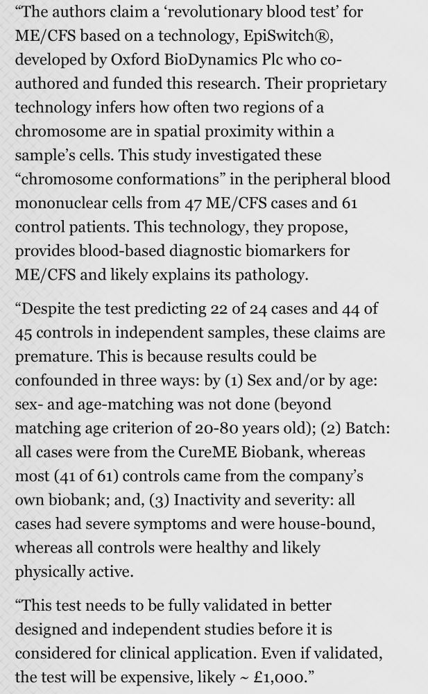Three possible confounders in a study proposing an ME/CFS blood test : sex/age, batch and inactivity/severity. Better designed studies by independent researchers are necessary. 
