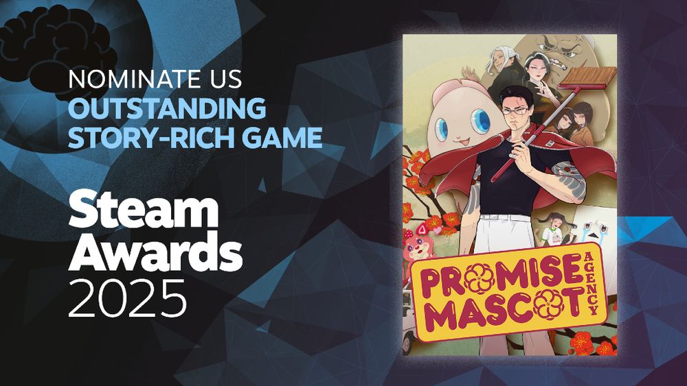 An image showing the Promise Mascot Agency box art along with a call to action to vote for the game in the Outstanding Story-Ric category