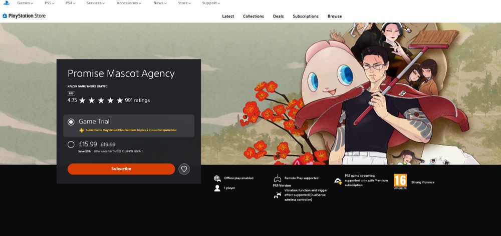 A screenshot of the PlayStation Store page for Promise Mascot Agency.

A colourful band of Japanese-style mascots surround a tattooed yakuza holding a broom.

The text reads:
Promise Mascot Agency
Kaizen Game Works Limited
PS5
4.75/5 - 991 ratings.