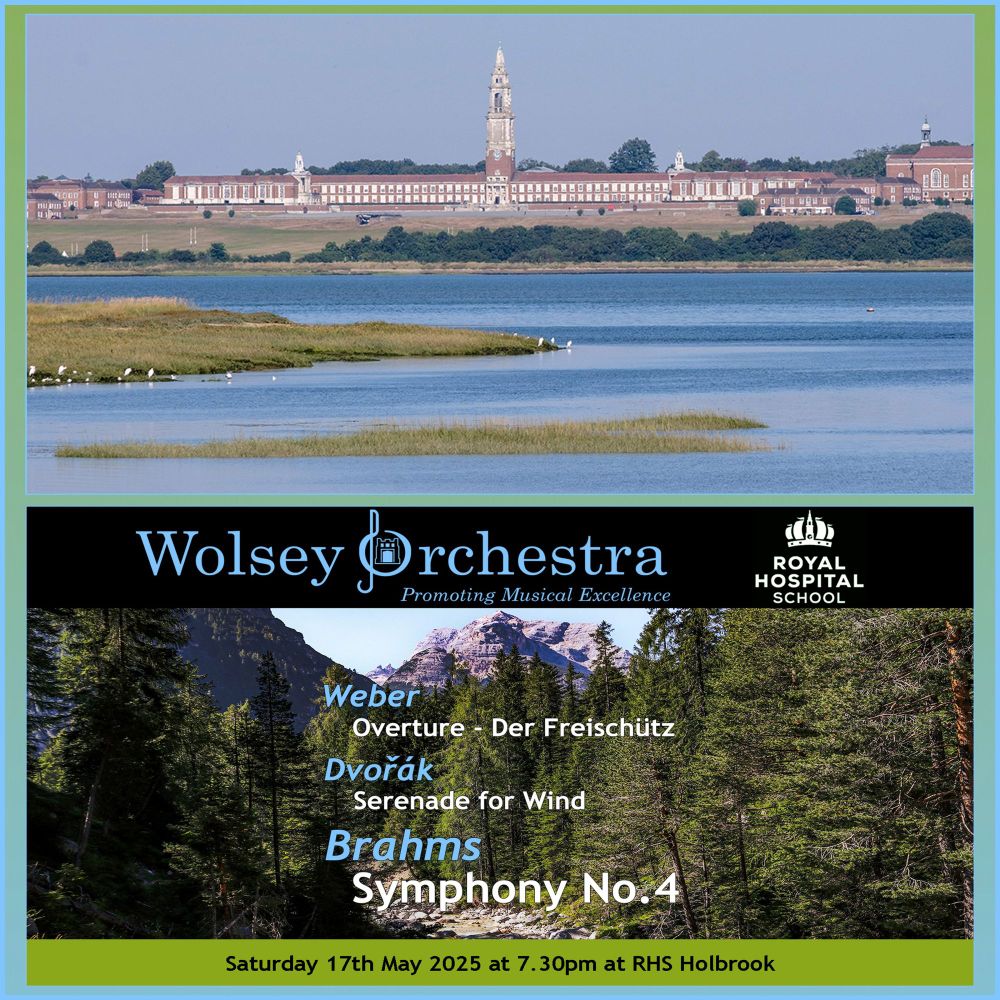 Upper half of square image is a photograph of the Royal Hospital School buildings, with the river and grassy banks in the foreground.

In the lower half is our event banner - with our logo (in blue) and the Royal Hospital School logo (in white) at the top, and the date (Saturday 17 May 2025 at 7.30pm) at the bottom. Composers (in blue) and pieces (in white) are listed in the centre. The background photograph (by Lorenzo Alessio Messina, taken at Rocky Mountain National Park) shows a stream flowing through a rocky, forested area, with mountains visible in the background. 