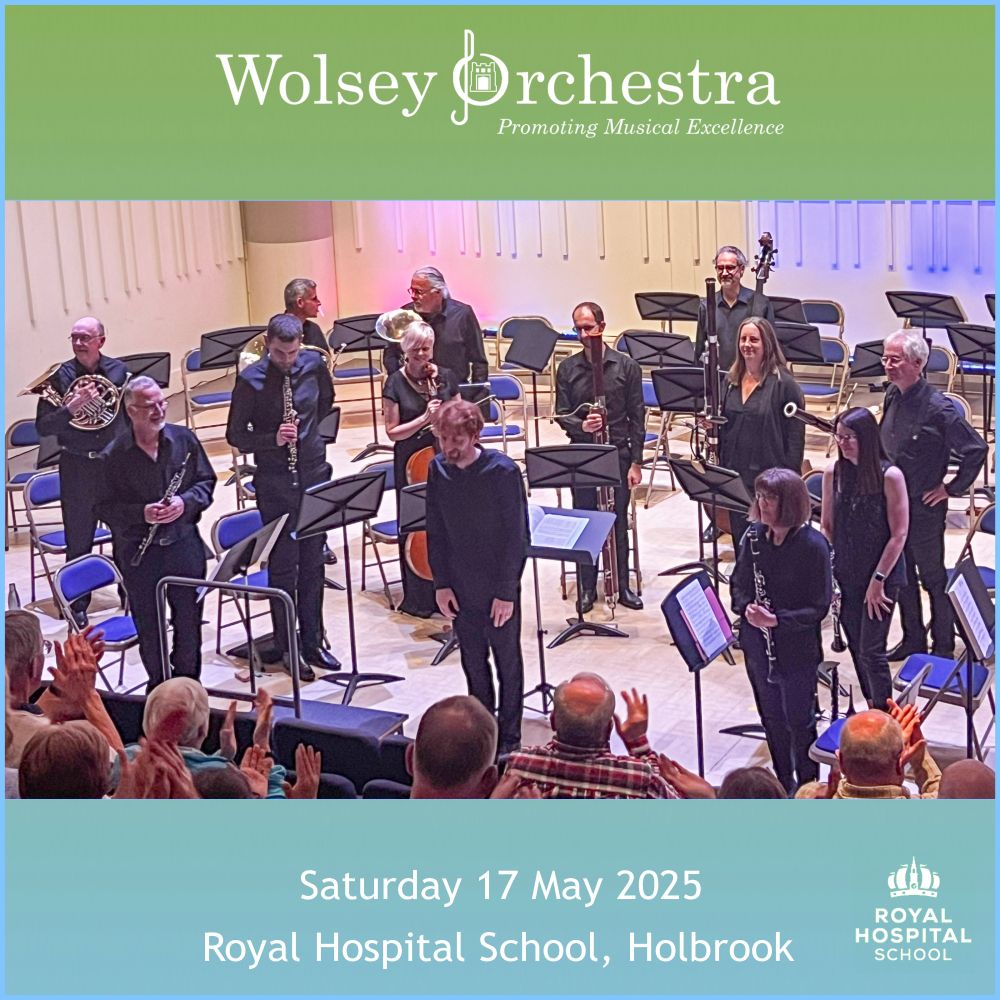 Photograph of conductor - Harry Sever - and 12 of our musicians, taken after the performance of Dvořák's Serenade for Wind in D minor. All are standing facing the audience, with the front rows of the audience in the foreground applauding. The background of the square image is a green to blue ombre, with our logo at the top, and concert date and venue at the bottom.