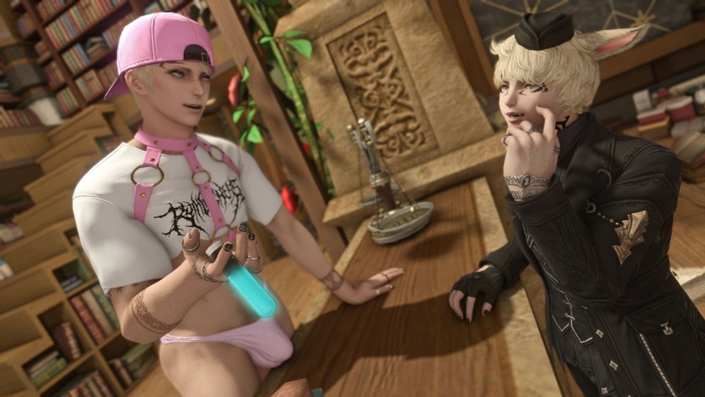 Ayden leaning over the counter, convincing Jariq'a to give him a demonstration of an aphrodisiac. His bulge rests on the countertop, but Jariq'a averts his gaze.