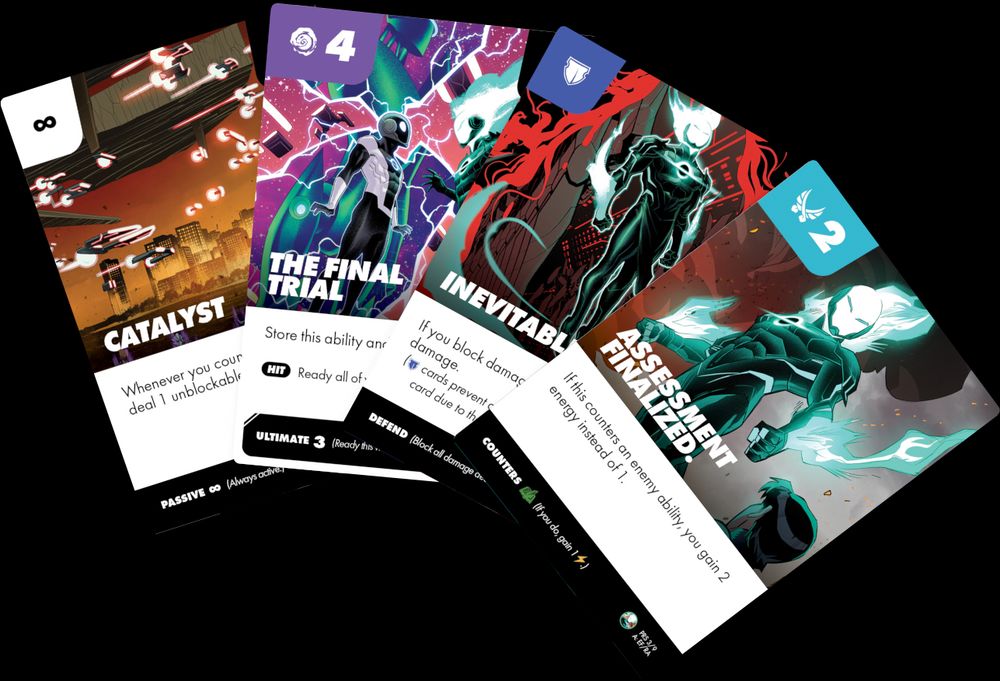 a fan of game cards showing the supervillain Premier from the Image comics series Radiant Black. Cards shown have the names Catalyst, The Final Trial, Inevitable, and Assessment Finalized.