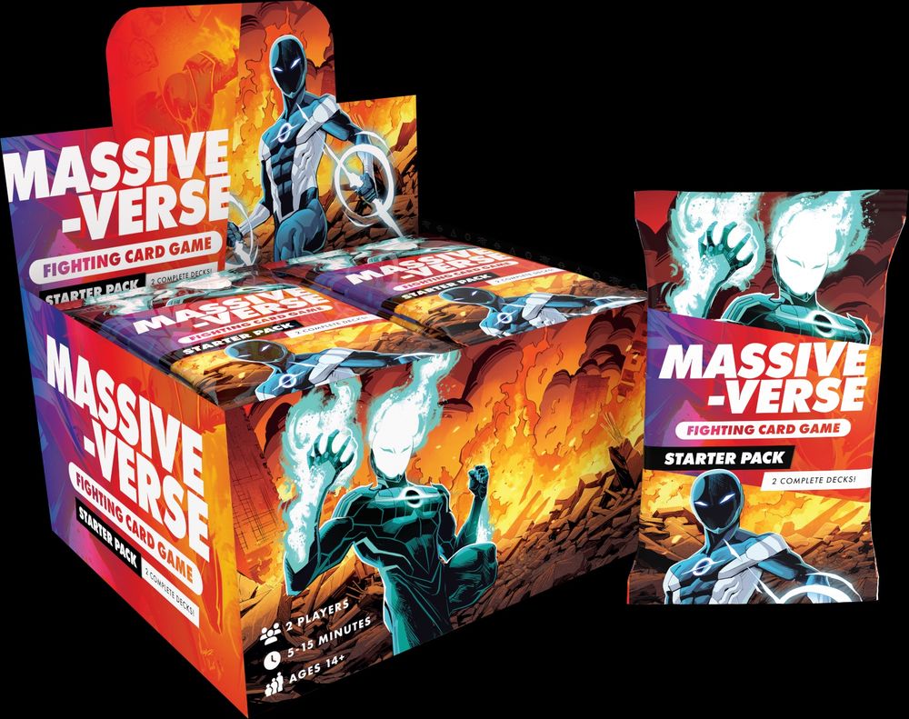 The Massive-Verse Fighting Card Game Starter Pack. Shows a paper booster pack with two superheroes on it, Premier and Radiant Black, next to a 3D render of a cardboard box holding dozens of the packs. The front of the packaging reads "Massive-Verse Fighting Card Game - Starter Pack - 2 Complete Decks"