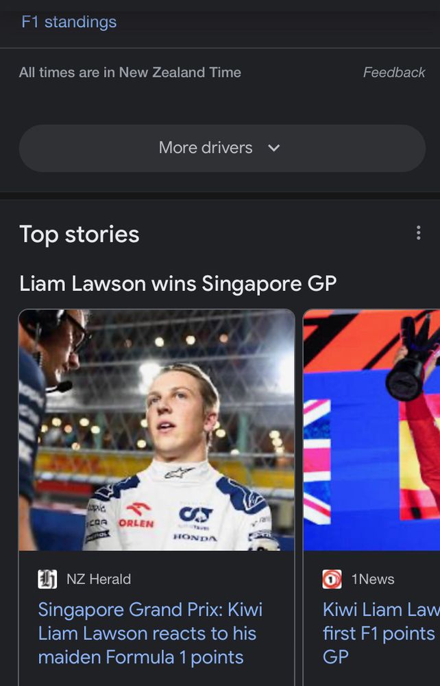 A screenshot of a google search incorrectly saying Liam Lawson won the Singapore grand prix.