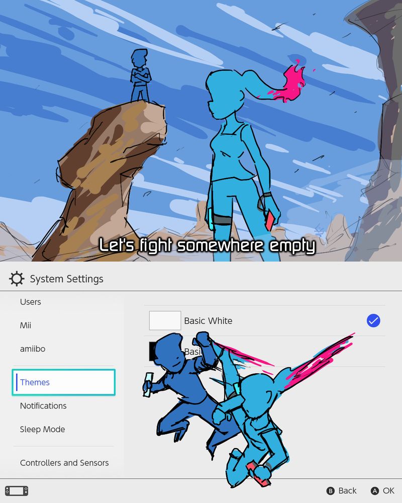 the two character present are "Reckless Safety Notice Man" from Wii and the safety notice woman from Nintendo Switch Sports (we call her Careless Safety Notice Woman to be in the same spirit)
they proceed to fight in the vast emptiness of the nintendo switch menu Themes section