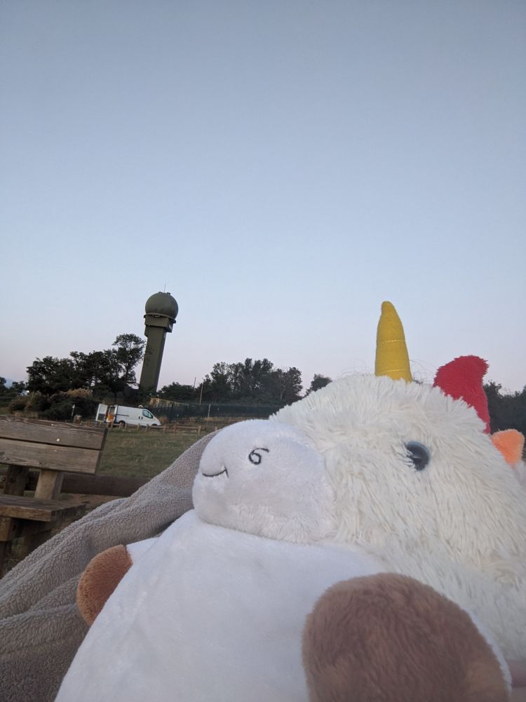 Selfie gros plan d'UltraLicorne la grosse peluche licorne blanche à corne jaune et à la crête multicolore. Derrière elle le sommet du Mont Thou avec sa tour radio/radar chelou (un grande tour ronde en béton avec une grosse boule au sommet comme si c'était un énorme microphone, ou une boule de glace sur son cornet)