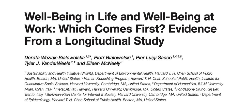 Weziak-Bialowolska, D., Bialowolski, P., Sacco, P.L., VanderWeele, T.J., and McNeely, E. (2020). Well-being in life and well-being at work: which comes first? Evidence from a longitudinal study. Frontiers in Public Health, 8:103.