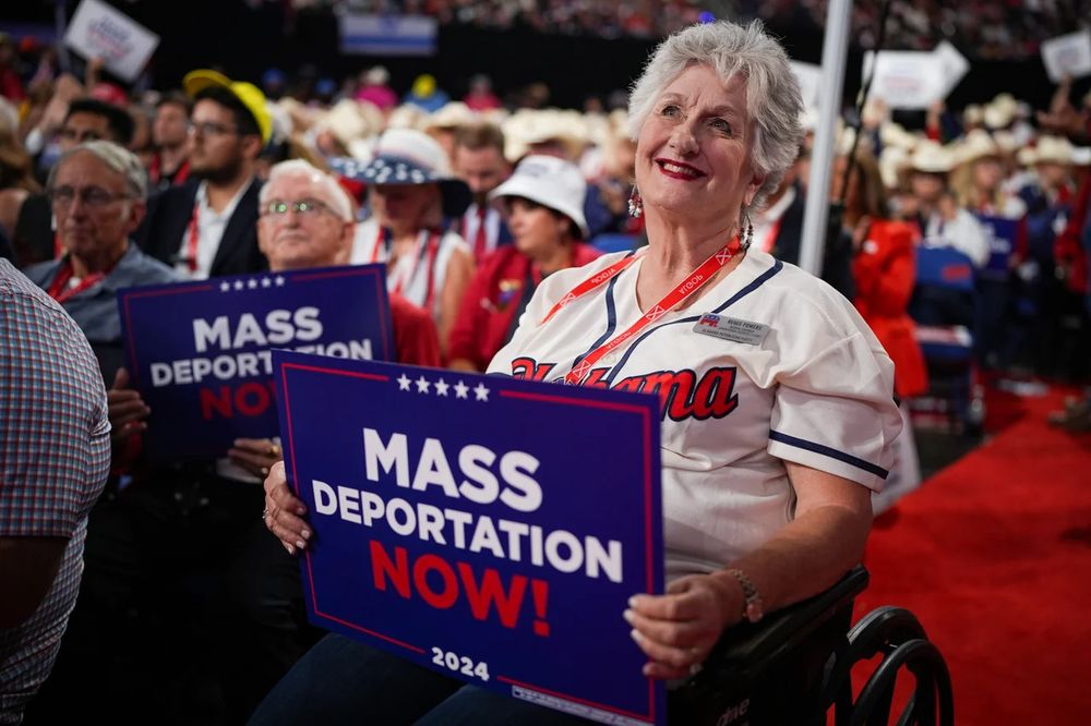 a lady in a wheelchair holding a mass deportation now sign