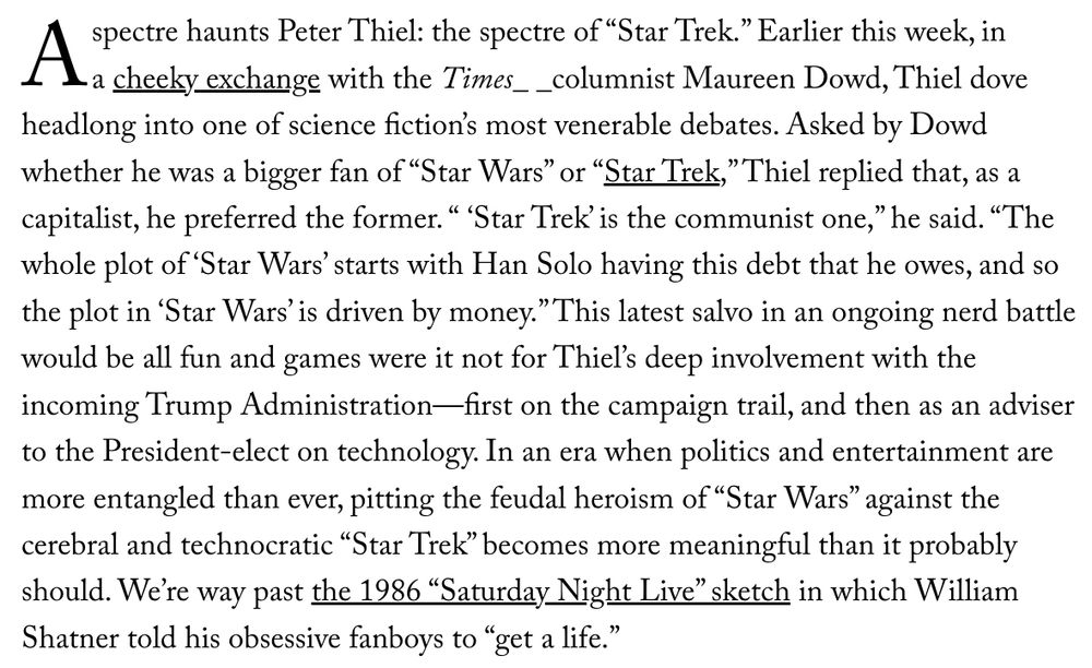 Thiel on Star Trek vs Star Wars