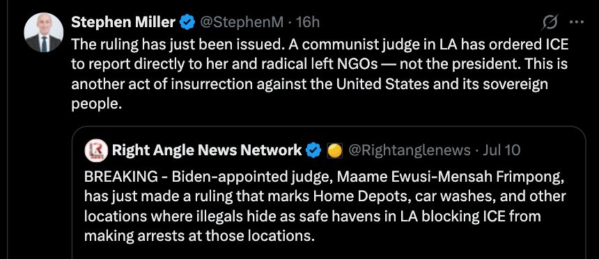 
The ruling has just been issued. A communist judge in LA has ordered ICE to report directly to her and radical left NGOs — not the president. This is another act of insurrection against the United States and its sovereign people.