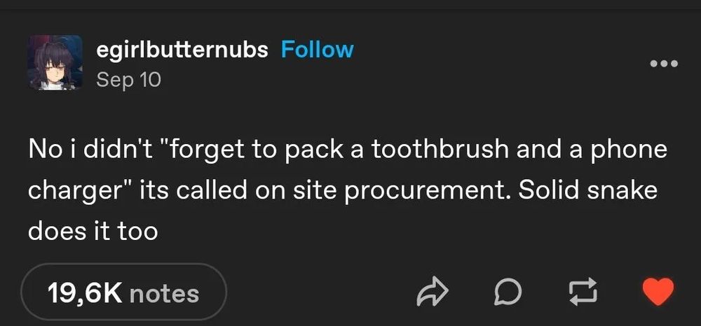 no i didn't "forget to pack a toothbrush and phone charger" its called on site procurement. solid snake does it too.